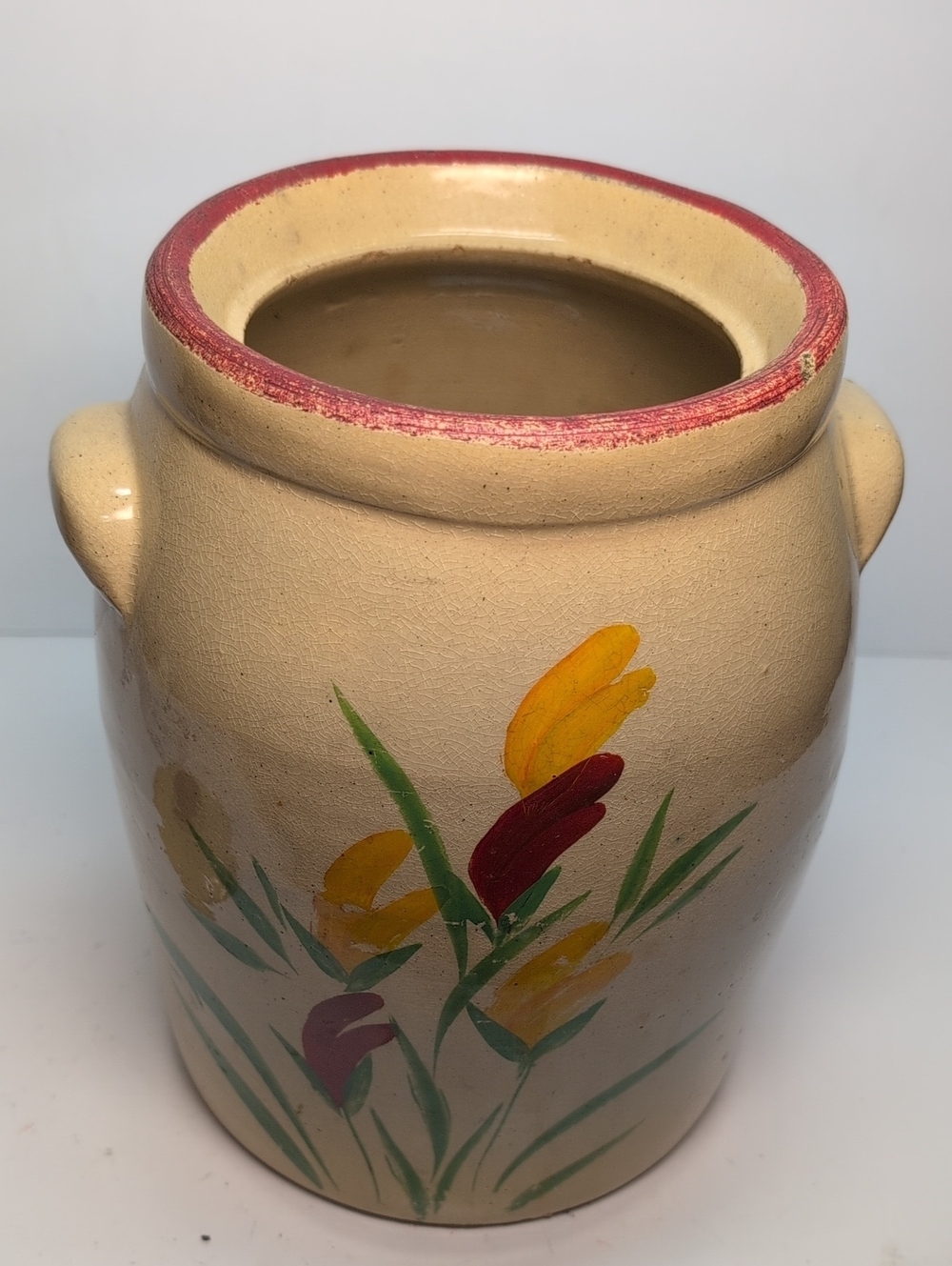 vintage 1930s Ransburg Hand-Painted stoneware cookie jar w/ Red & Yellow floral - Picture 12 of 14